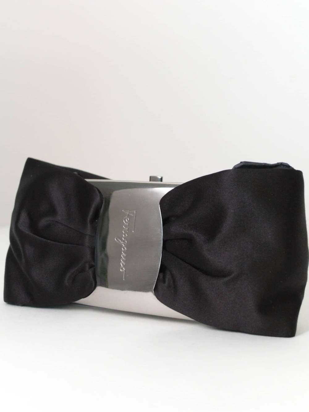 New Salvatore Ferragamo Black and Silver Silk Clutch Bag